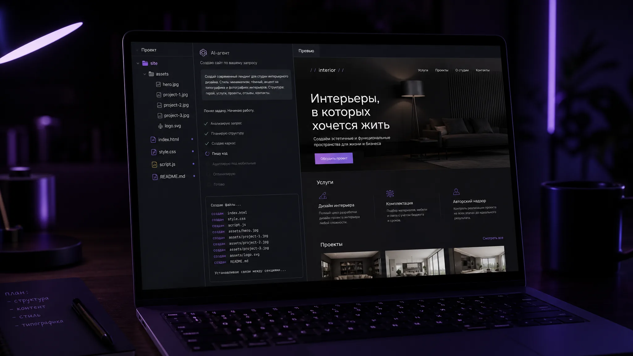 Сайт по описанию. Claude Code создаёт файлы проекта по вашей задаче.