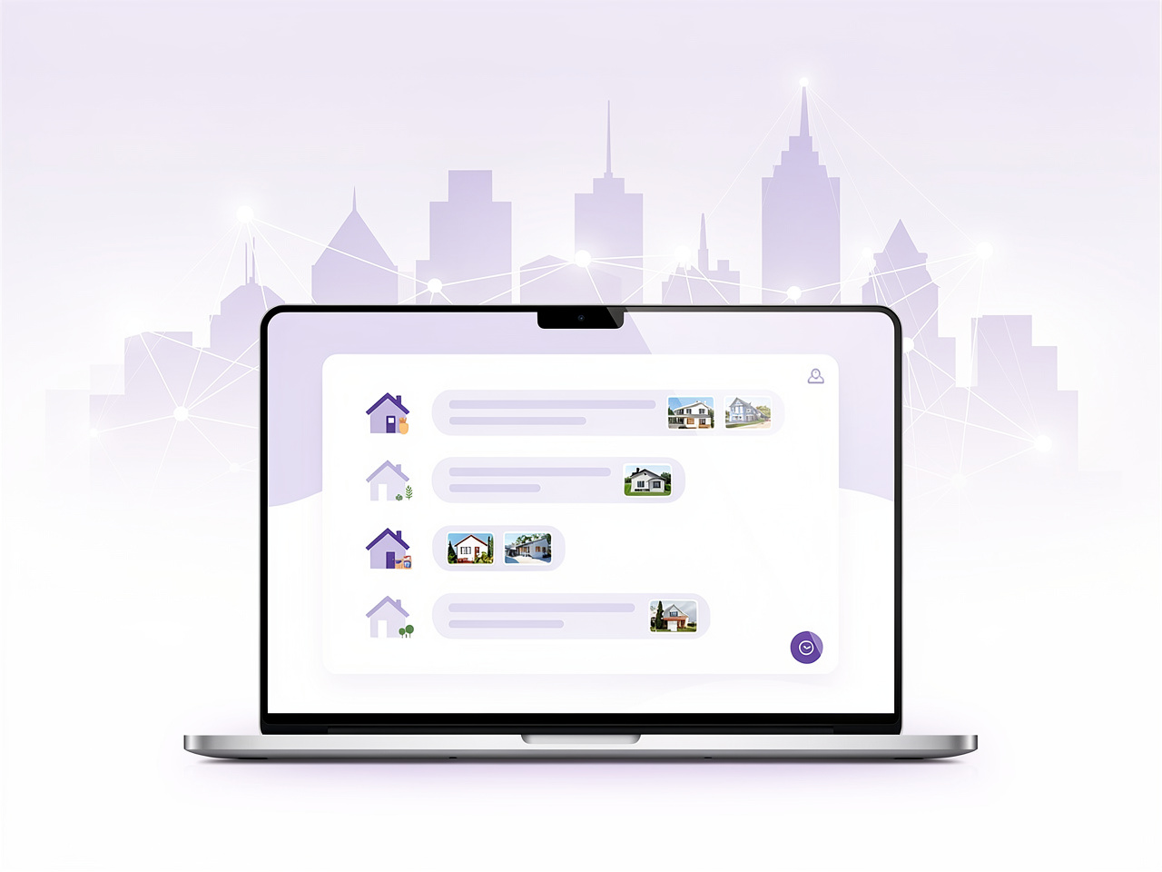 ИИ-менеджер для агентства недвижимости — чат-интерфейс с объявлениями об объектах на фоне городского пейзажа