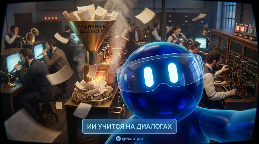 Иллюстрация процесса машинного обучения: искусственный интеллект анализирует реальные диалоги пользователей для улучшения чат-ботов