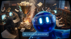 Иллюстрация процесса машинного обучения: искусственный интеллект анализирует реальные диалоги пользователей для улучшения чат-ботов