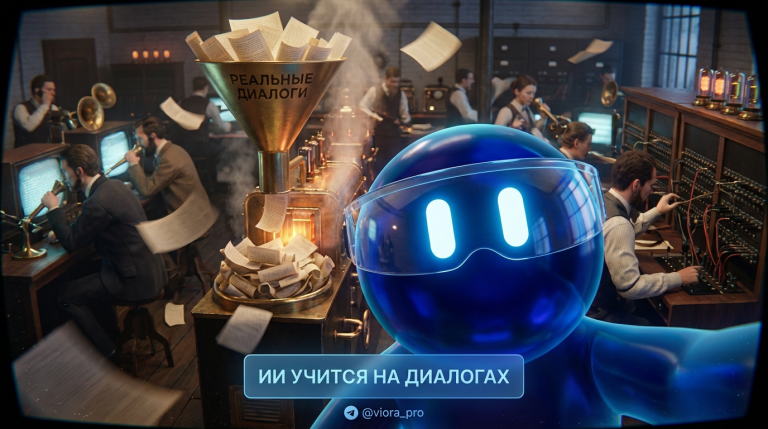 Иллюстрация процесса машинного обучения: искусственный интеллект анализирует реальные диалоги пользователей для улучшения чат-ботов
