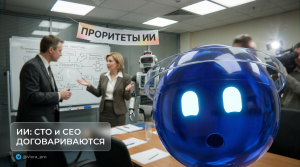 CEO и CTO сидят за столом и обсуждают приоритеты внедрения искусственного интеллекта в проекты