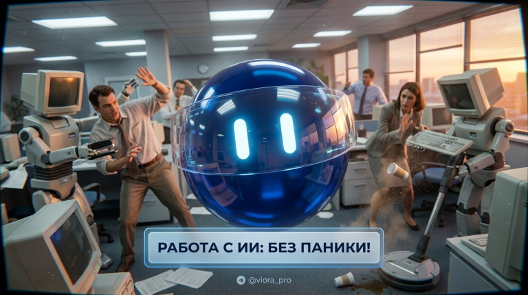 Иллюстрация: человек уверенно использует искусственный интеллект в своей работе, преодолевая страх перед роботами